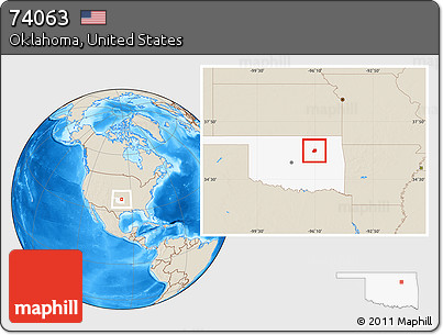 Shaded Relief Location Map of ZIP Code 74063, highlighted state