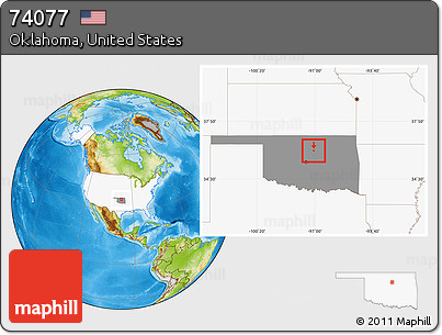 Physical Location Map of ZIP Code 74077, highlighted country, highlighted state