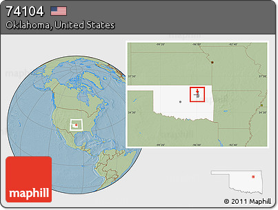 Savanna Style Location Map of ZIP Code 74104, highlighted county, highlighted state, hill shading