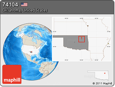 Shaded Relief Location Map of ZIP Code 74104, highlighted country, highlighted state
