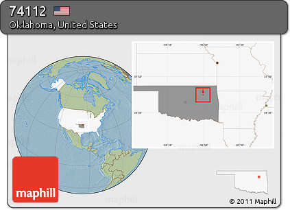 Savanna Style Location Map of ZIP Code 74112, highlighted country, highlighted state, hill shading
