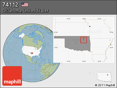 Savanna Style Location Map of ZIP Code 74112, highlighted country, highlighted state, hill shading