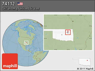 Savanna Style Location Map of ZIP Code 74112, highlighted county, highlighted state, hill shading
