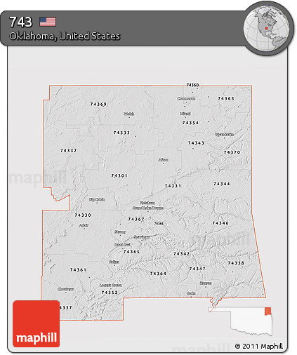 Silver Style 3D Map of ZIP Codes Starting with 743, single color outside