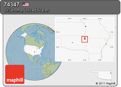 Savanna Style Location Map of ZIP Code 74347, highlighted country, highlighted county, hill shading