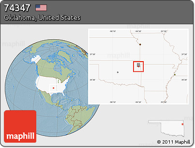 Savanna Style Location Map of ZIP Code 74347, highlighted country, highlighted county, hill shading