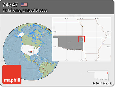 Savanna Style Location Map of ZIP Code 74347, highlighted country, highlighted state, hill shading
