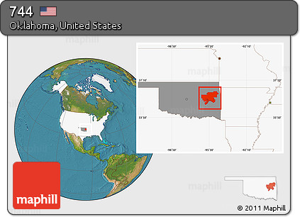 Satellite Location Map of ZIP Codes Starting with 744, highlighted country, highlighted state