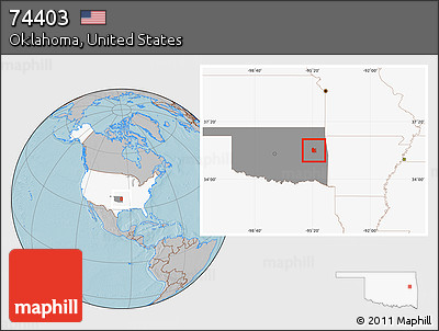 Gray Location Map of ZIP Code 74403, highlighted country, highlighted state, hill shading
