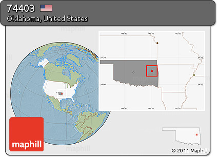 Savanna Style Location Map of ZIP Code 74403, highlighted country, highlighted state, hill shading