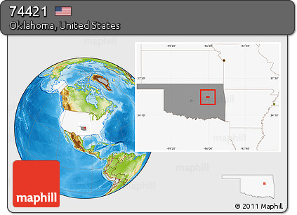 Physical Location Map of ZIP Code 74421, highlighted country, highlighted state