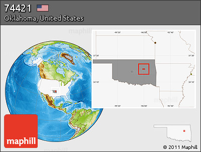 Physical Location Map of ZIP Code 74421, highlighted country, highlighted state