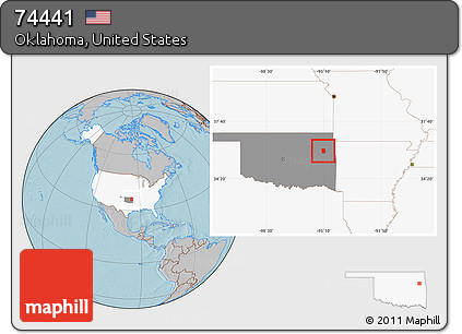 Gray Location Map of ZIP Code 74441, highlighted country, highlighted state, hill shading