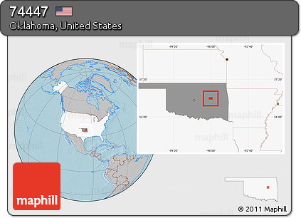 Gray Location Map of ZIP Code 74447, highlighted country, highlighted state, hill shading