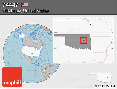 Gray Location Map of ZIP Code 74447, highlighted country, highlighted state, hill shading