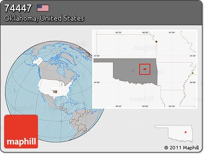 Gray Location Map of ZIP Code 74447, highlighted country, highlighted state, hill shading
