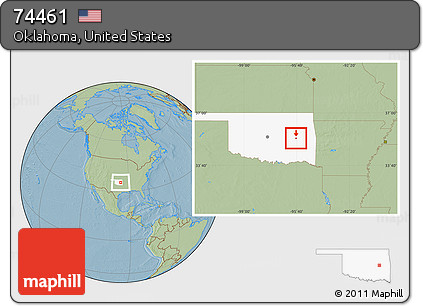 Savanna Style Location Map of ZIP Code 74461, highlighted state, hill shading