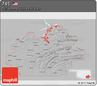 Gray 3D Map of ZIP Codes Starting with 745, single color outside