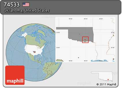 Savanna Style Location Map of ZIP Code 74533, highlighted country, highlighted state, hill shading
