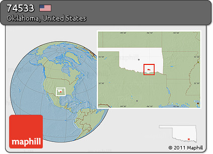 Savanna Style Location Map of ZIP Code 74533, highlighted state, hill shading