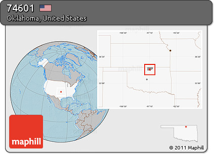 Gray Location Map of ZIP Code 74601, highlighted country, highlighted county, hill shading