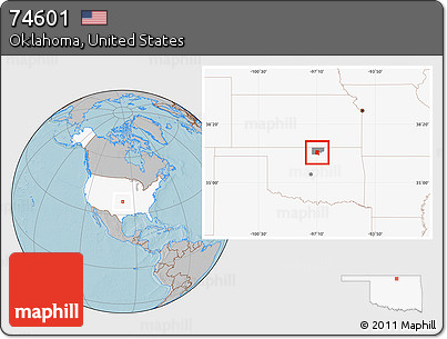 Gray Location Map of ZIP Code 74601, highlighted country, highlighted county, hill shading