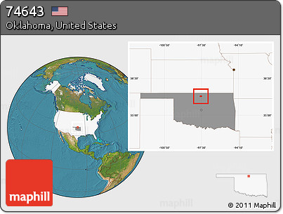Satellite Location Map of ZIP Code 74643, highlighted country, highlighted state