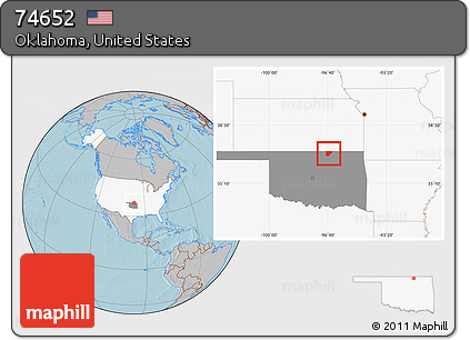 Gray Location Map of ZIP Code 74652, highlighted country, highlighted state, hill shading