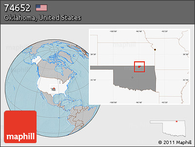 Gray Location Map of ZIP Code 74652, highlighted country, highlighted state, hill shading