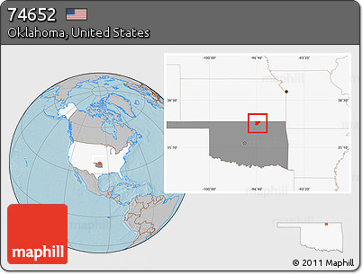 Gray Location Map of ZIP Code 74652, highlighted country, highlighted state, hill shading