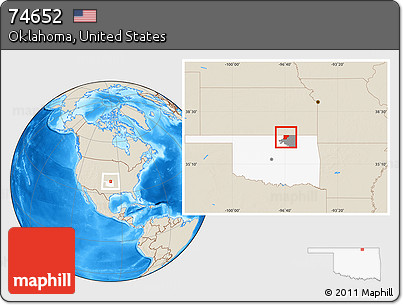 Shaded Relief Location Map of ZIP Code 74652, highlighted county, highlighted state