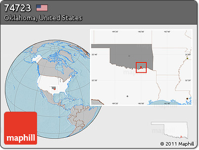 Gray Location Map of ZIP Code 74723, highlighted country, highlighted state, hill shading