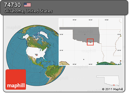 Satellite Location Map of ZIP Code 74730, highlighted country, highlighted state