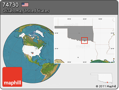 Satellite Location Map of ZIP Code 74730, highlighted country, highlighted state