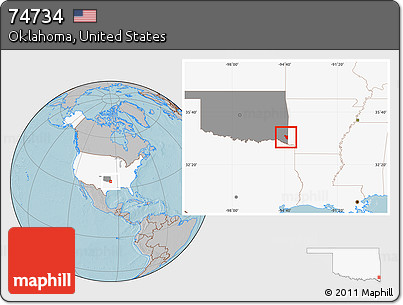 Gray Location Map of ZIP Code 74734, highlighted country, highlighted state, hill shading