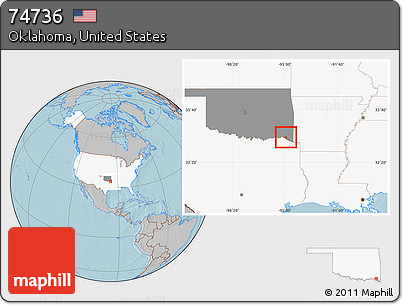 Gray Location Map of ZIP Code 74736, highlighted country, highlighted state, hill shading