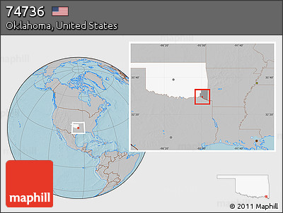 Gray Location Map of ZIP Code 74736, highlighted county, highlighted state, hill shading