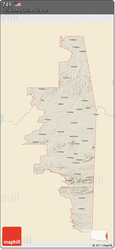 Classic Style 3D Map of ZIP Codes Starting with 749, single color outside