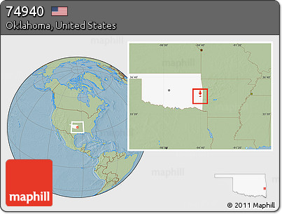 Savanna Style Location Map of ZIP Code 74940, highlighted state, hill shading