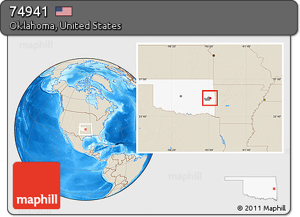 Shaded Relief Location Map of ZIP Code 74941, highlighted county, highlighted state