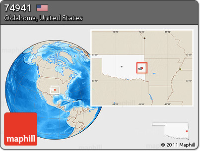 Shaded Relief Location Map of ZIP Code 74941, highlighted county, highlighted state