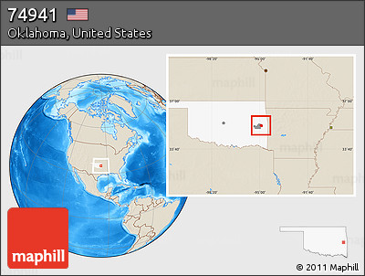 Shaded Relief Location Map of ZIP Code 74941, highlighted county, highlighted state