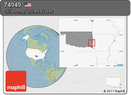 Savanna Style Location Map of ZIP Code 74949, highlighted country, highlighted state, hill shading
