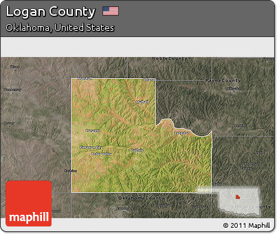 Satellite 3D Map of Logan County, darken, semi-desaturated