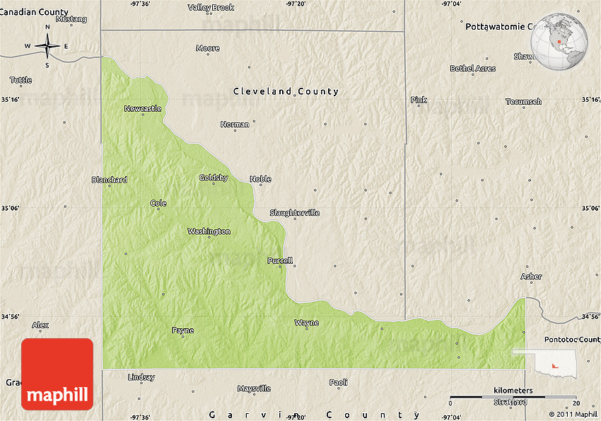Physical Map of McClain County, shaded relief outside