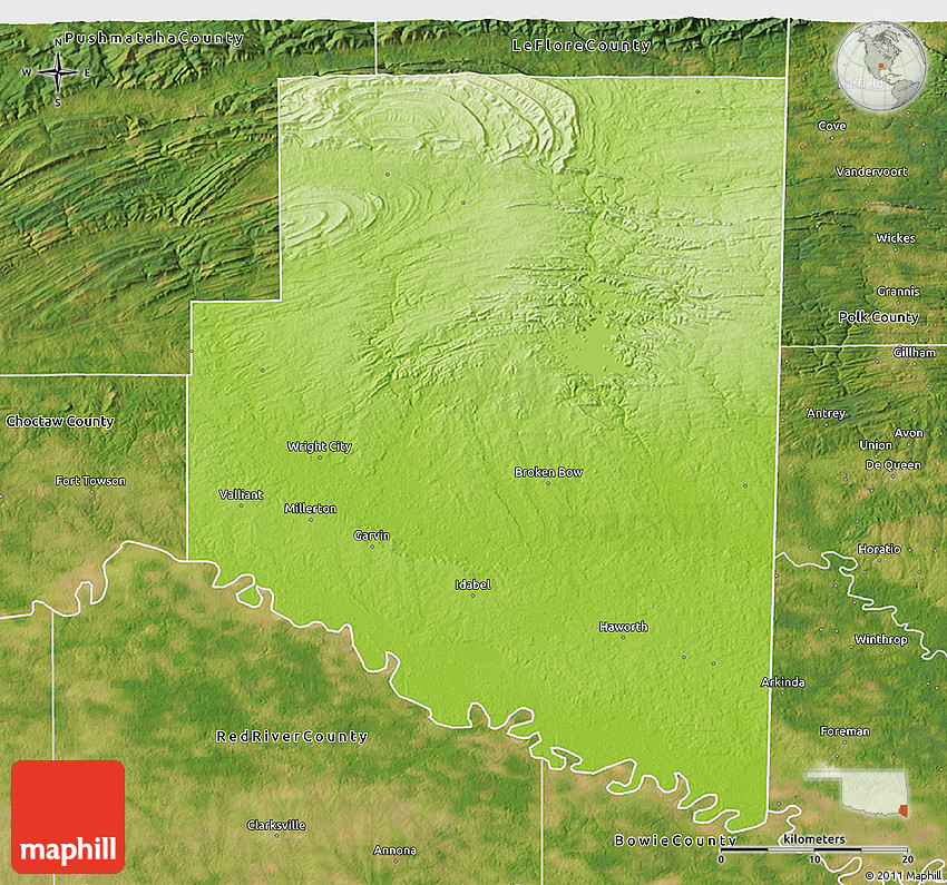 Physical 3D Map of McCurtain County, satellite outside