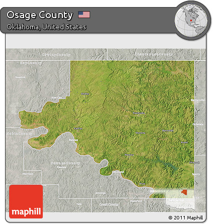 Satellite 3D Map of Osage County, lighten, semi-desaturated