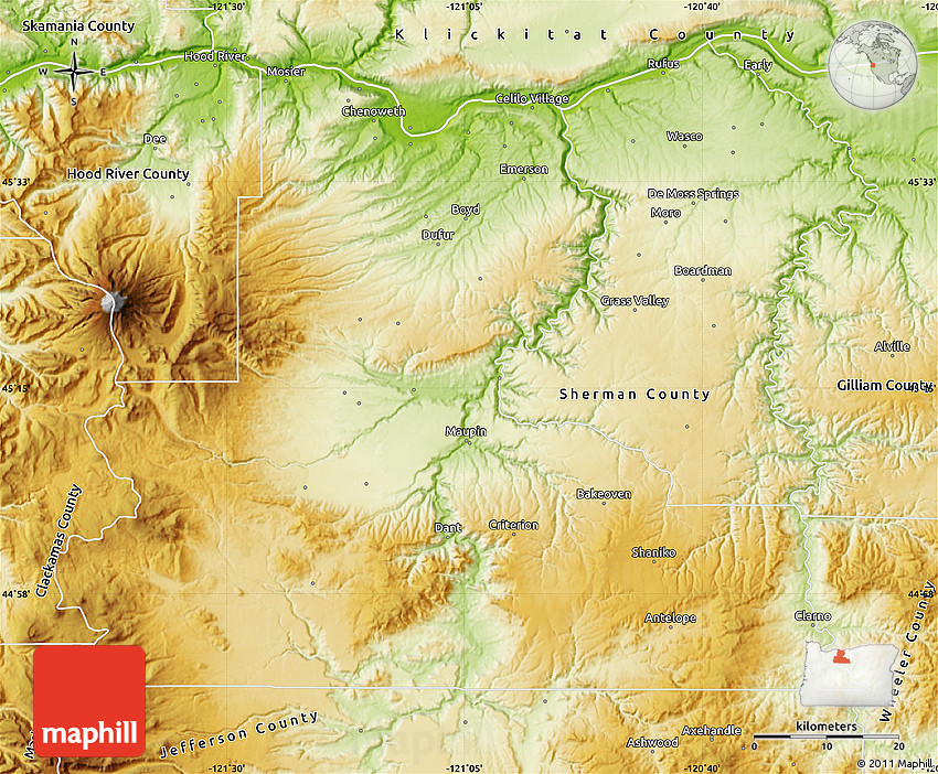 Physical Map of Wasco County