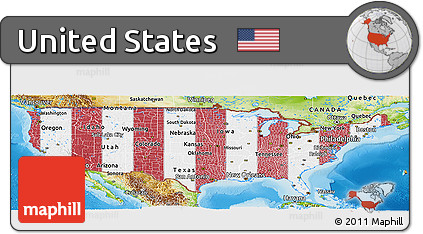 Flag Panoramic Map of United States, physical outside, flag aligned to the middle