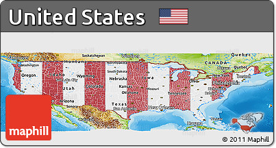Flag Panoramic Map of United States, physical outside, flag aligned to the middle